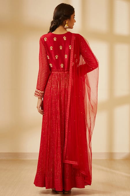 Shop Shyam Narayan Prasad Red Silk Round Embroidered Anarkali Set at Aza Fashions Shop_Shyam Narayan Prasad_Red Silk Round Embroidered Anarkali Set _at_Aza_Fashions