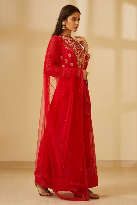 Shyam Narayan Prasad Red Silk Round Embroidered Anarkali Set Online at Aza Fashions Shyam Narayan Prasad_Red Silk Round Embroidered Anarkali Set _Online_at_Aza_Fashions