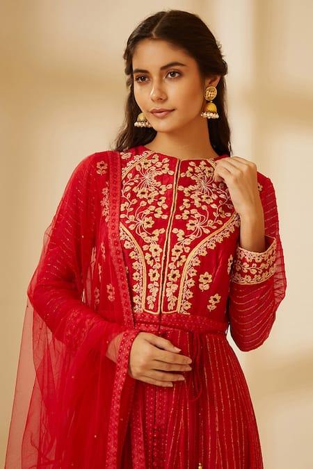 Buy Shyam Narayan Prasad Red Silk Round Embroidered Anarkali Set Online at Aza Fashions Buy_Shyam Narayan Prasad_Red Silk Round Embroidered Anarkali Set _Online_at_Aza_Fashions