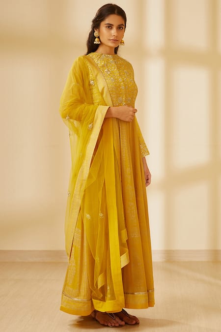 Shyam Narayan Prasad Yellow Silk Round Block Print Anarkali Set 