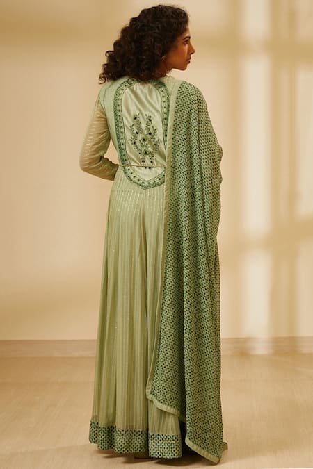 Shop Shyam Narayan Prasad Green Silk Chanderi Jacquard Anarkali Set at Aza Fashions Shop_Shyam Narayan Prasad_Green Silk Chanderi Jacquard Anarkali Set _at_Aza_Fashions