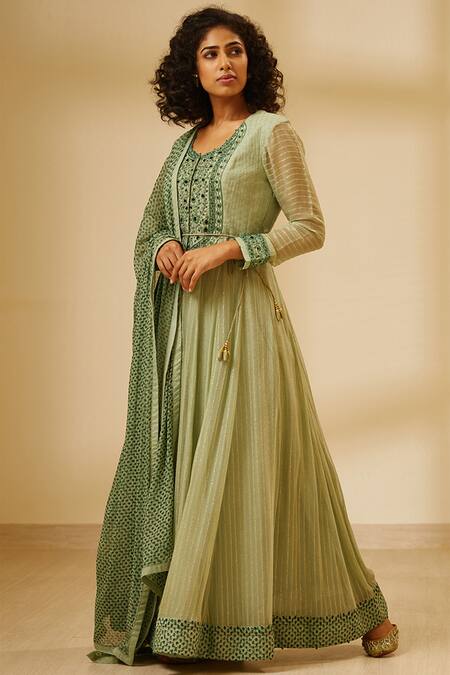 Buy Shyam Narayan Prasad Green Silk Chanderi Jacquard Anarkali Set Online at Aza Fashions Buy_Shyam Narayan Prasad_Green Silk Chanderi Jacquard Anarkali Set _Online_at_Aza_Fashions