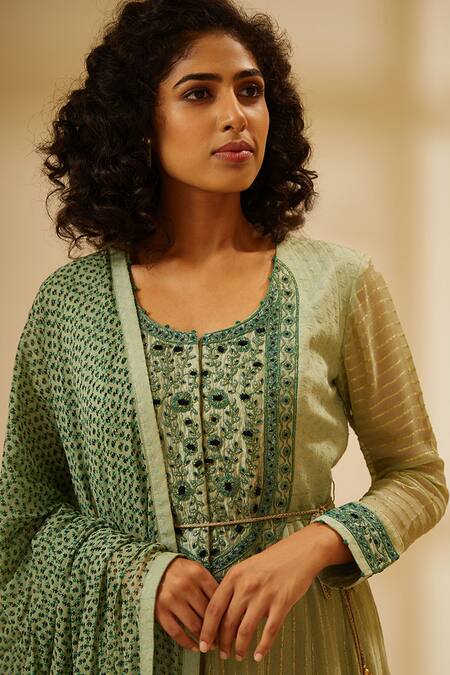 Shop Shyam Narayan Prasad Green Silk Chanderi Jacquard Anarkali Set Online at Aza Fashions Shop_Shyam Narayan Prasad_Green Silk Chanderi Jacquard Anarkali Set _Online_at_Aza_Fashions