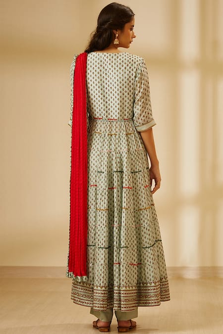 Shop Shyam Narayan Prasad Blue Silk Block Print Anarkali Set at Aza Fashions Shop_Shyam Narayan Prasad_Blue Silk Block Print Anarkali Set _at_Aza_Fashions