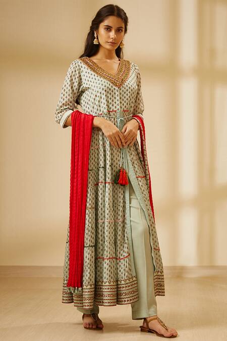 Shyam Narayan Prasad Blue Silk Block Print Anarkali Set Online at Aza Fashions Shyam Narayan Prasad_Blue Silk Block Print Anarkali Set _Online_at_Aza_Fashions