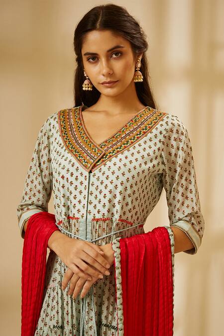 Buy Shyam Narayan Prasad Blue Silk Block Print Anarkali Set Online at Aza Fashions Buy_Shyam Narayan Prasad_Blue Silk Block Print Anarkali Set _Online_at_Aza_Fashions