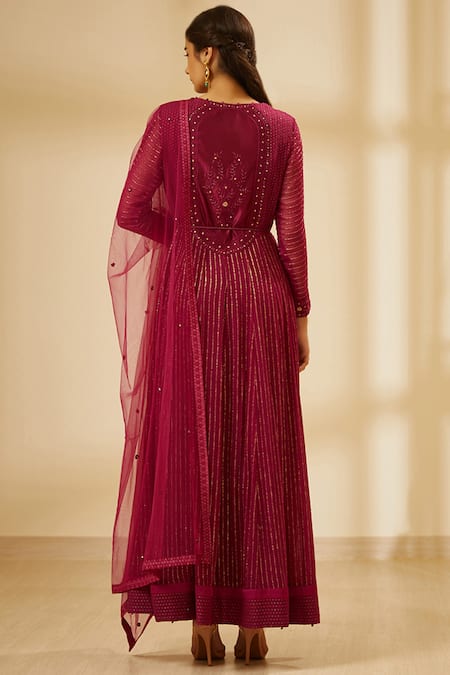 Shop Shyam Narayan Prasad Wine Silk, Georgette, Chanderi Jacquard Round Anarkali Set at Aza Fashions Shop_Shyam Narayan Prasad_Wine Silk, Georgette, Chanderi Jacquard Round Anarkali Set _at_Aza_Fashions