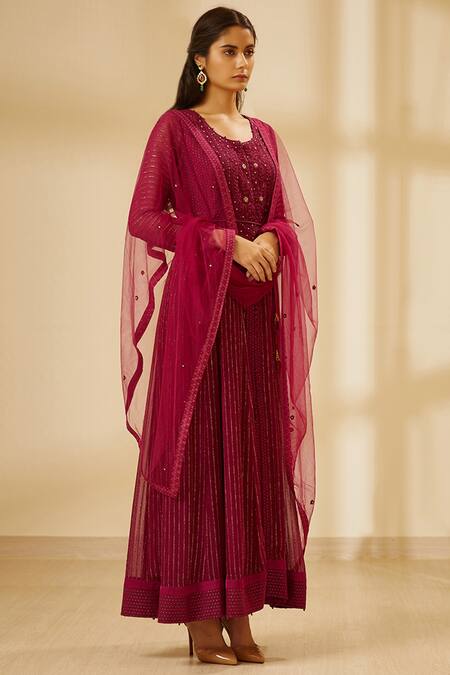 Shyam Narayan Prasad Wine Silk, Georgette, Chanderi Jacquard Round Anarkali Set Online at Aza Fashions Shyam Narayan Prasad_Wine Silk, Georgette, Chanderi Jacquard Round Anarkali Set _Online_at_Aza_Fashions
