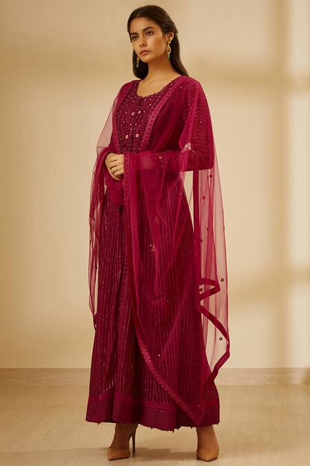 Buy Shyam Narayan Prasad Wine Silk, Georgette, Chanderi Jacquard Round Anarkali Set Online at Aza Fashions Buy_Shyam Narayan Prasad_Wine Silk, Georgette, Chanderi Jacquard Round Anarkali Set _Online_at_Aza_Fashions