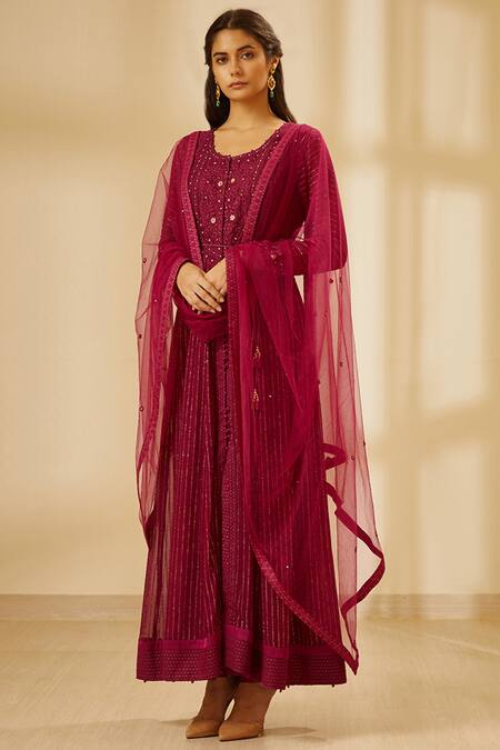 Shop Shyam Narayan Prasad Wine Silk, Georgette, Chanderi Jacquard Round Anarkali Set Online at Aza Fashions Shop_Shyam Narayan Prasad_Wine Silk, Georgette, Chanderi Jacquard Round Anarkali Set _Online_at_Aza_Fashions