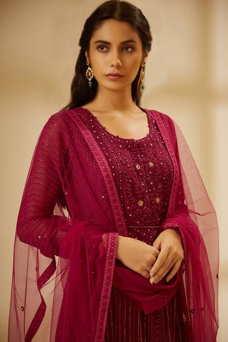 Shyam Narayan Prasad Wine Silk, Georgette, Chanderi Jacquard Round Anarkali Set at Aza Fashions Shyam Narayan Prasad_Wine Silk, Georgette, Chanderi Jacquard Round Anarkali Set _at_Aza_Fashions