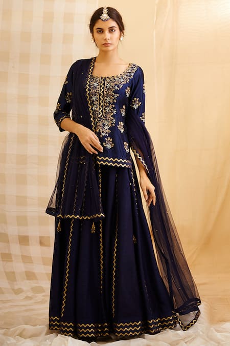 Shyam Narayan Prasad Blue Silk, Chanderi Brocade 3d Floral Round Embroidered Kurta Lehenga Set Online at Aza Fashions Shyam Narayan Prasad_Blue Silk, Chanderi Brocade 3d Floral Round Embroidered Kurta Lehenga Set _Online_at_Aza_Fashions