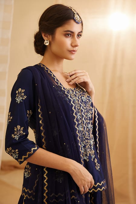 Buy Shyam Narayan Prasad Blue Silk, Chanderi Brocade 3d Floral Round Embroidered Kurta Lehenga Set Online at Aza Fashions Buy_Shyam Narayan Prasad_Blue Silk, Chanderi Brocade 3d Floral Round Embroidered Kurta Lehenga Set _Online_at_Aza_Fashions