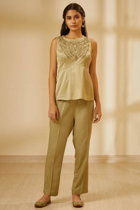 Buy_Shyam Narayan Prasad_Green Chanderi Anarkali Set _Online_at_Aza_Fashions