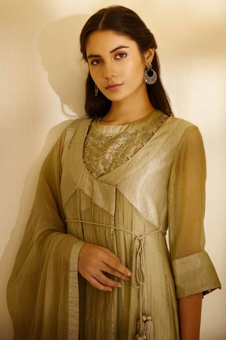 Shop_Shyam Narayan Prasad_Green Chanderi Anarkali Set _Online_at_Aza_Fashions