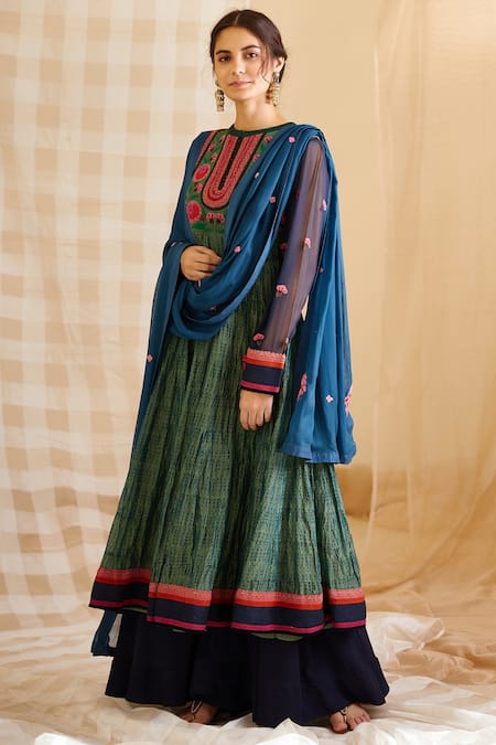 Shyam Narayan Prasad_Blue Silk, Chanderi, Georgette Round Printed Anarkali Set _Online_at_Aza_Fashions