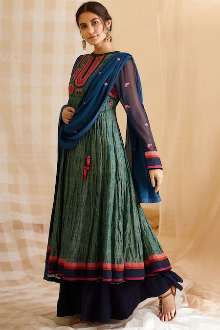 Buy_Shyam Narayan Prasad_Blue Silk, Chanderi, Georgette Round Printed Anarkali Set _Online_at_Aza_Fashions