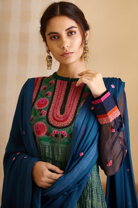 Shop_Shyam Narayan Prasad_Blue Silk, Chanderi, Georgette Round Printed Anarkali Set _Online_at_Aza_Fashions