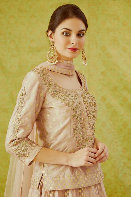 Buy_Shyam Narayan Prasad_Purple Silk, Chanderi Brocade Woven Pattern Round Kurta Lehenga Set _Online_at_Aza_Fashions