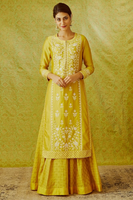 Shyam Narayan Prasad Yellow Chanderi Round Kurta Lehenga Set Online at Aza Fashions Shyam Narayan Prasad_Yellow Chanderi Round Kurta Lehenga Set _Online_at_Aza_Fashions