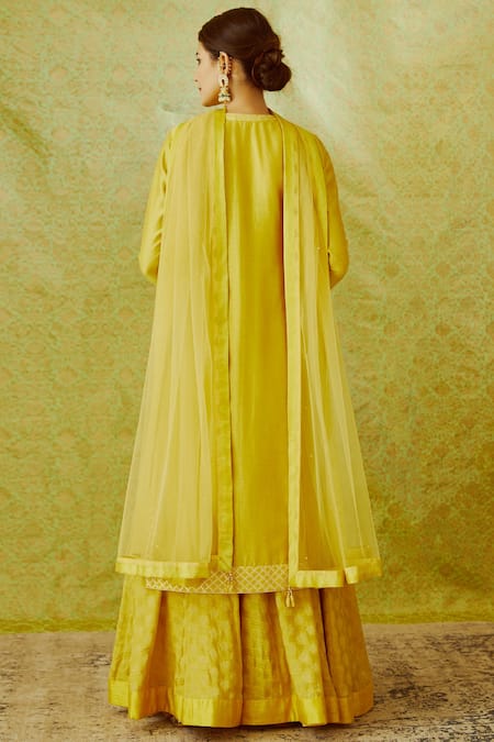 Shop Shyam Narayan Prasad Yellow Chanderi Round Kurta Lehenga Set at Aza Fashions Shop_Shyam Narayan Prasad_Yellow Chanderi Round Kurta Lehenga Set _at_Aza_Fashions