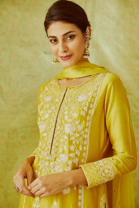 Buy Shyam Narayan Prasad Yellow Chanderi Round Kurta Lehenga Set Online at Aza Fashions Buy_Shyam Narayan Prasad_Yellow Chanderi Round Kurta Lehenga Set _Online_at_Aza_Fashions