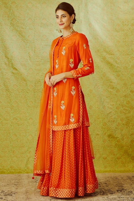 Shyam Narayan Prasad_Orange Silk Kurta Lehenga Set _Online_at_Aza_Fashions