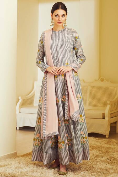 Shyam Narayan Prasad_Blue Chanderi Block Print Anarkali Set_Online_at_Aza_Fashions