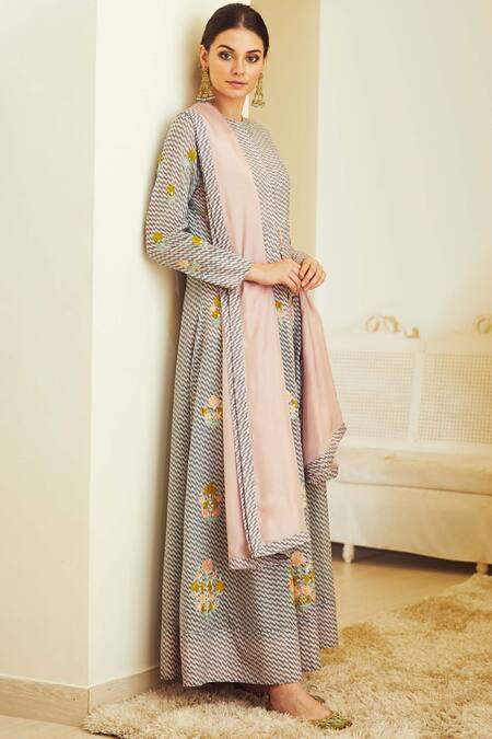 Buy_Shyam Narayan Prasad_Blue Chanderi Block Print Anarkali Set_Online_at_Aza_Fashions