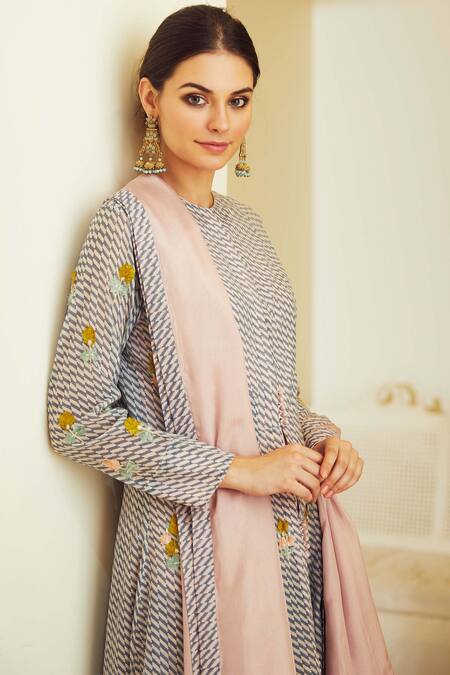 Shop_Shyam Narayan Prasad_Blue Chanderi Block Print Anarkali Set_Online_at_Aza_Fashions