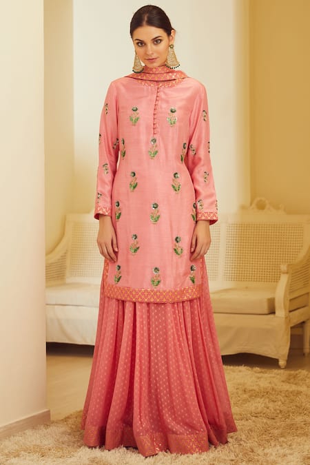 Shyam Narayan Prasad_Coral Silk Kurta Lehenga Set _Online_at_Aza_Fashions