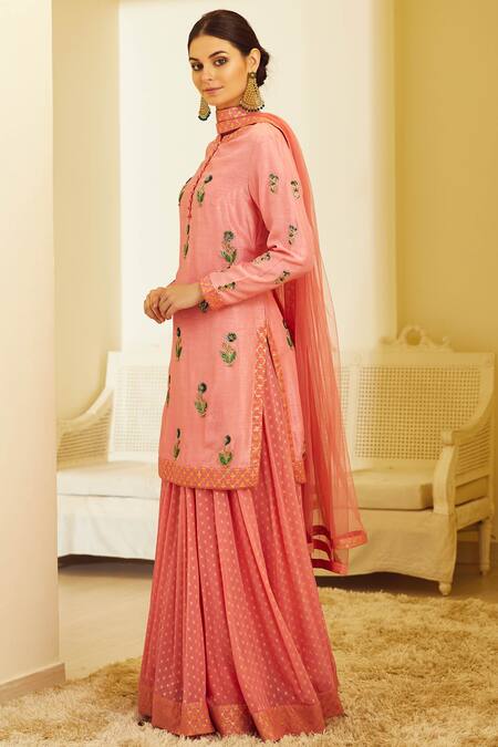 Buy_Shyam Narayan Prasad_Coral Silk Kurta Lehenga Set _Online_at_Aza_Fashions