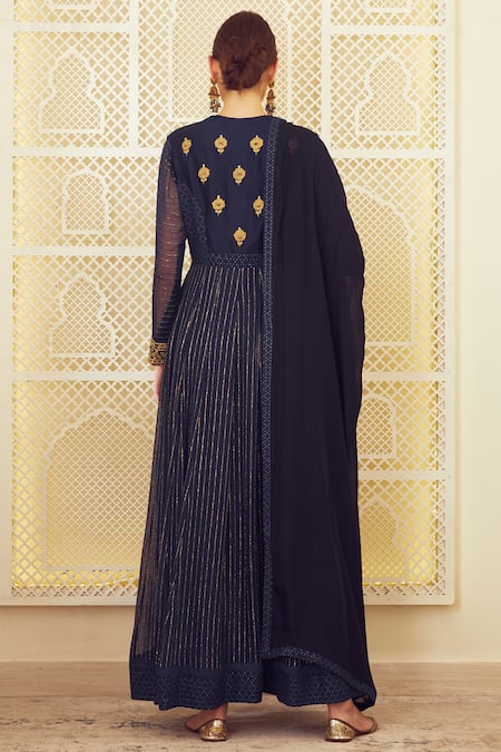 Shop Shyam Narayan Prasad Blue Silk, Georgette, Chanderi Jacquard Round Anarkali Set at Aza Fashions Shop_Shyam Narayan Prasad_Blue Silk, Georgette, Chanderi Jacquard Round Anarkali Set _at_Aza_Fashions