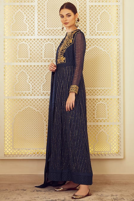 Shyam Narayan Prasad Blue Silk, Georgette, Chanderi Jacquard Round Anarkali Set Online at Aza Fashions Shyam Narayan Prasad_Blue Silk, Georgette, Chanderi Jacquard Round Anarkali Set _Online_at_Aza_Fashions