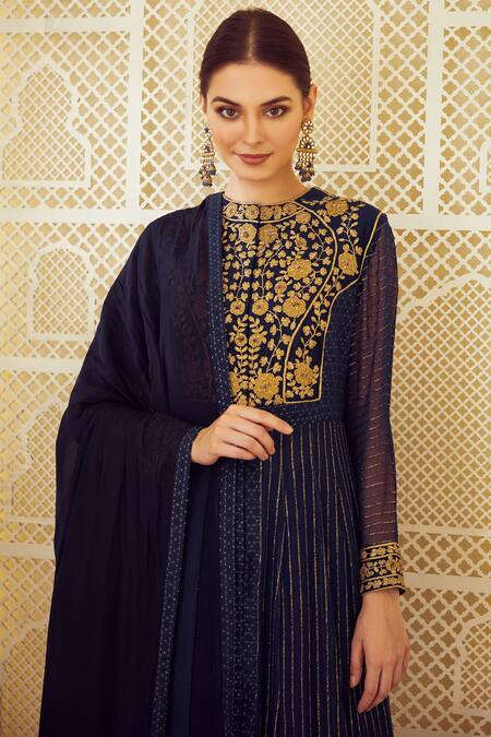 Buy Shyam Narayan Prasad Blue Silk, Georgette, Chanderi Jacquard Round Anarkali Set Online at Aza Fashions Buy_Shyam Narayan Prasad_Blue Silk, Georgette, Chanderi Jacquard Round Anarkali Set _Online_at_Aza_Fashions