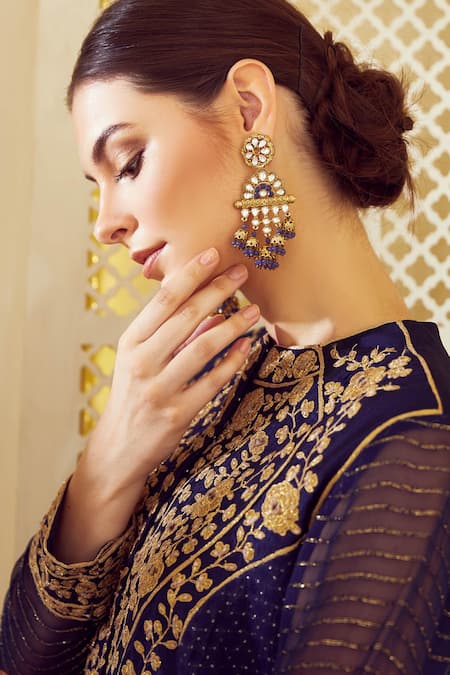 Shop Shyam Narayan Prasad Blue Silk, Georgette, Chanderi Jacquard Round Anarkali Set Online at Aza Fashions Shop_Shyam Narayan Prasad_Blue Silk, Georgette, Chanderi Jacquard Round Anarkali Set _Online_at_Aza_Fashions