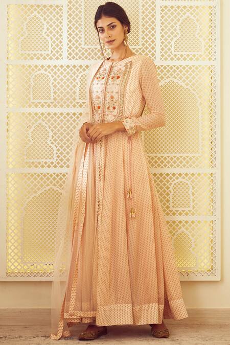 Shyam Narayan Prasad Beige Silk Round Block Printed Anarkali Set Online at Aza Fashions Shyam Narayan Prasad_Beige Silk Round Block Printed Anarkali Set _Online_at_Aza_Fashions