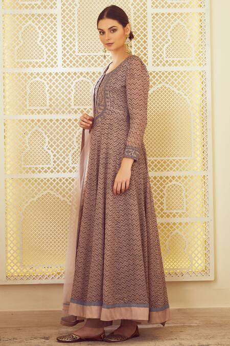 Shyam Narayan Prasad Pink Georgette Round Block Print Anarkali Set Online at Aza Fashions Shyam Narayan Prasad_Pink Georgette Round Block Print Anarkali Set _Online_at_Aza_Fashions