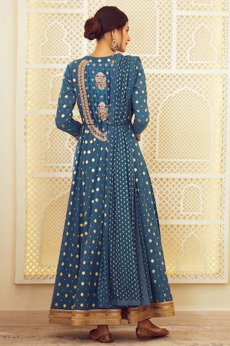 Shop Shyam Narayan Prasad Blue Georgette, Brocade, Silk Chanderi Round Anarkali Set at Aza Fashions Shop_Shyam Narayan Prasad_Blue Georgette, Brocade, Silk Chanderi Round Anarkali Set _at_Aza_Fashions