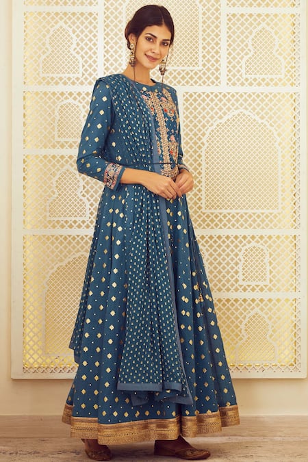 Shyam Narayan Prasad Blue Georgette, Brocade, Silk Chanderi Round Anarkali Set Online at Aza Fashions Shyam Narayan Prasad_Blue Georgette, Brocade, Silk Chanderi Round Anarkali Set _Online_at_Aza_Fashions