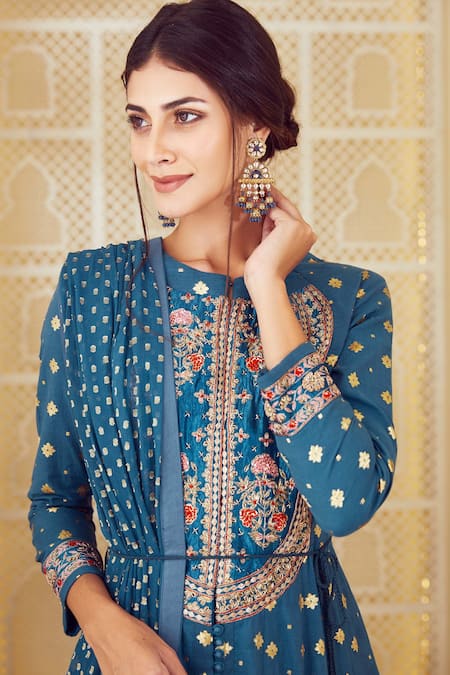 Buy Shyam Narayan Prasad Blue Georgette, Brocade, Silk Chanderi Round Anarkali Set Online at Aza Fashions Buy_Shyam Narayan Prasad_Blue Georgette, Brocade, Silk Chanderi Round Anarkali Set _Online_at_Aza_Fashions