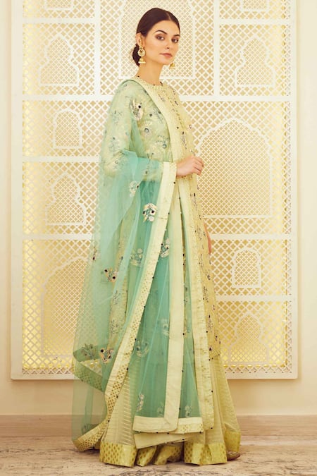 Shyam Narayan Prasad_Green Chanderi Round Kurta Lehenga Set _Online_at_Aza_Fashions