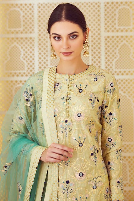 Buy_Shyam Narayan Prasad_Green Chanderi Round Kurta Lehenga Set _Online_at_Aza_Fashions