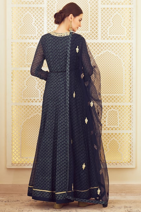 Shop Shyam Narayan Prasad Blue Georgette Round Block Print Anarkali Set at Aza Fashions Shop_Shyam Narayan Prasad_Blue Georgette Round Block Print Anarkali Set _at_Aza_Fashions