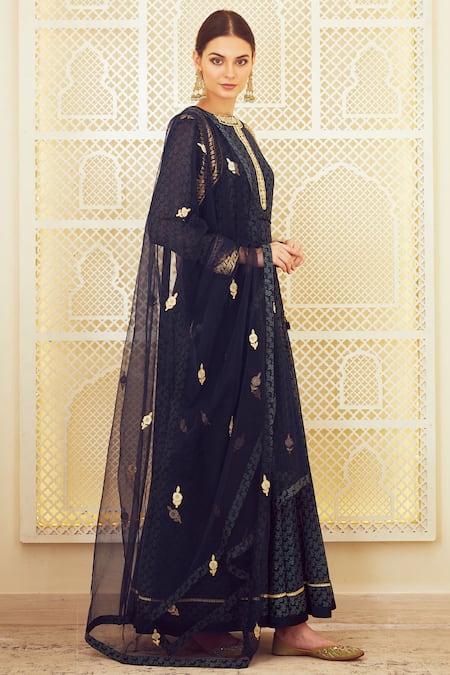 Shyam Narayan Prasad Blue Georgette Round Block Print Anarkali Set Online at Aza Fashions Shyam Narayan Prasad_Blue Georgette Round Block Print Anarkali Set _Online_at_Aza_Fashions