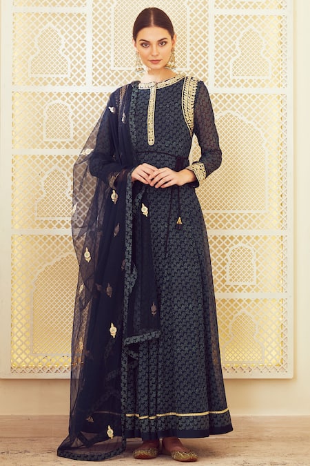 Buy Shyam Narayan Prasad Blue Georgette Round Block Print Anarkali Set Online at Aza Fashions Buy_Shyam Narayan Prasad_Blue Georgette Round Block Print Anarkali Set _Online_at_Aza_Fashions