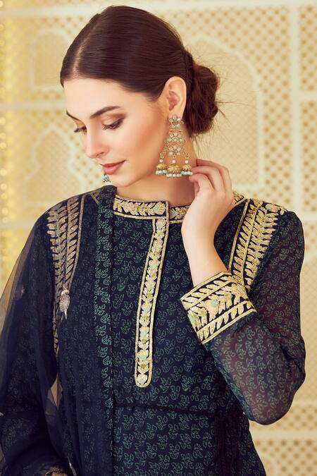 Shop Shyam Narayan Prasad Blue Georgette Round Block Print Anarkali Set Online at Aza Fashions Shop_Shyam Narayan Prasad_Blue Georgette Round Block Print Anarkali Set _Online_at_Aza_Fashions