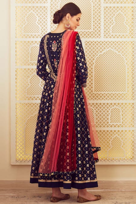 Shop Shyam Narayan Prasad Blue Silk Chanderi Anarkali Set at Aza Fashions Shop_Shyam Narayan Prasad_Blue Silk Chanderi Anarkali Set _at_Aza_Fashions