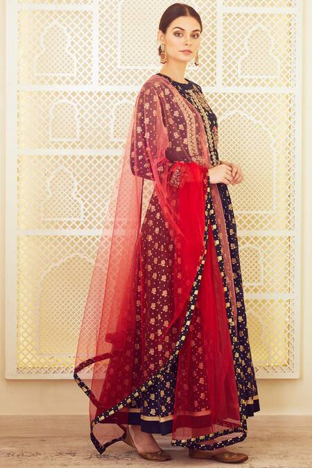 Shyam Narayan Prasad Blue Silk Chanderi Anarkali Set Online at Aza Fashions Shyam Narayan Prasad_Blue Silk Chanderi Anarkali Set _Online_at_Aza_Fashions