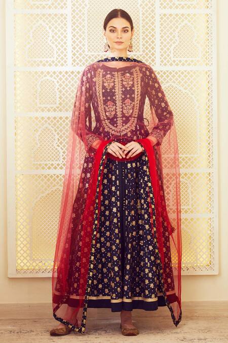 Buy Shyam Narayan Prasad Blue Silk Chanderi Anarkali Set Online at Aza Fashions Buy_Shyam Narayan Prasad_Blue Silk Chanderi Anarkali Set _Online_at_Aza_Fashions